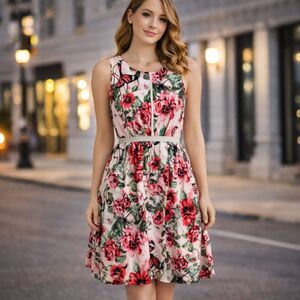 Adrianna Papell Dress Pink Floral Sleeveless Keyhole Back 12